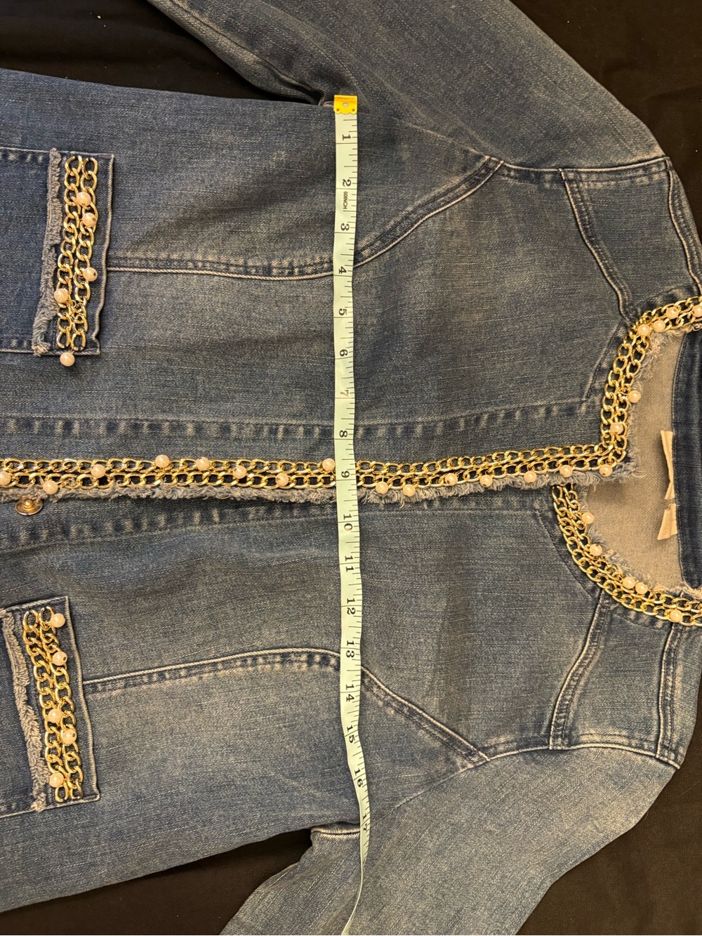 Chico's Light Blue Denim Jacket with Gold Chain Detail - Picture 6 of 7